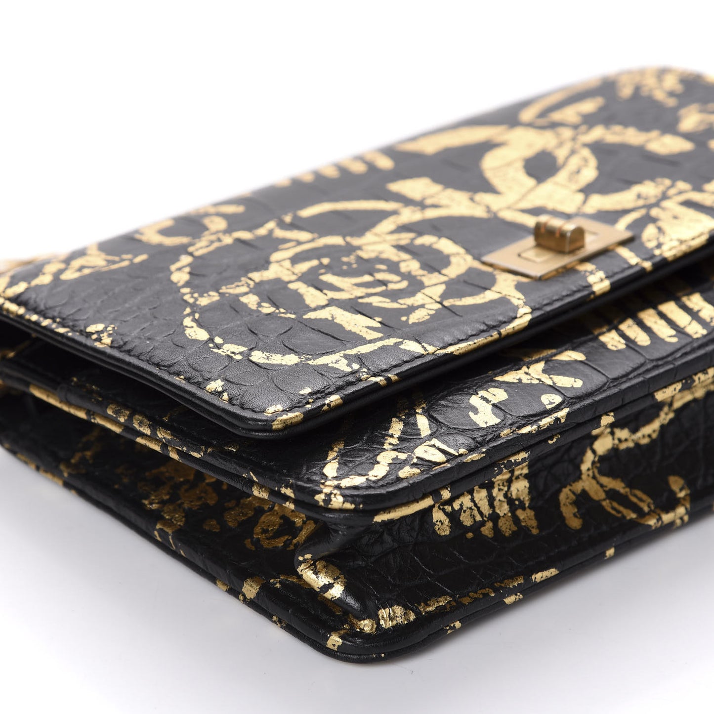 Calfskin Crocodile Embossed Graffiti 2.55 Cocodile Reissue Wallet On Chain WOC Black Gold