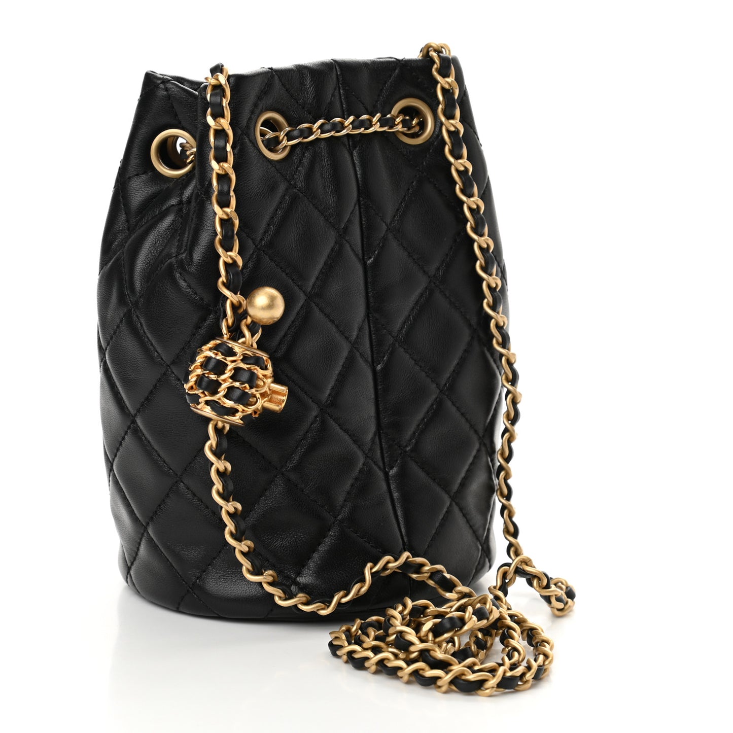 Lambskin Quilted Pearl Crush Drawstring Bag Black