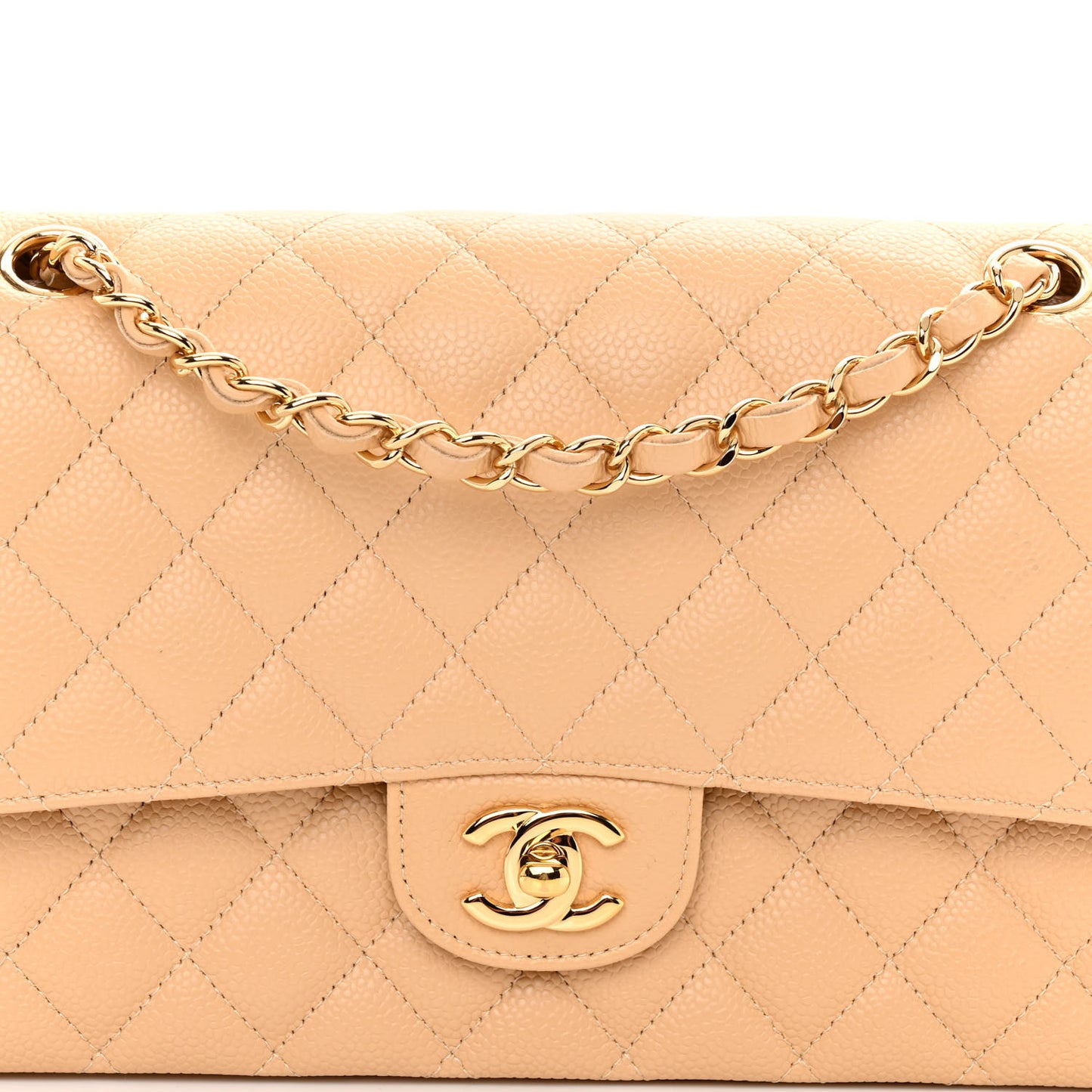 Caviar Quilted Medium Double Flap Beige