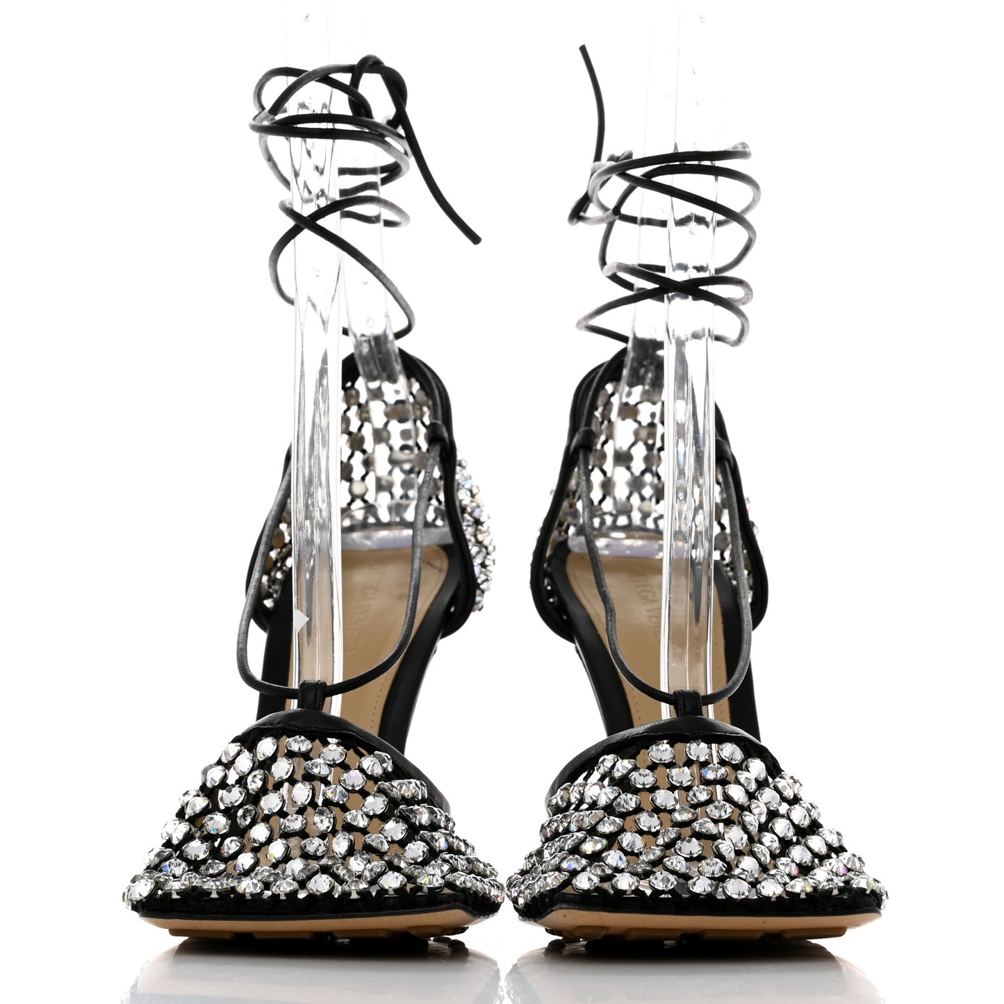 Mesh Nappa Crystal Embellished Sparkle Stretch Ankle Tie Sandals 39.5 Black