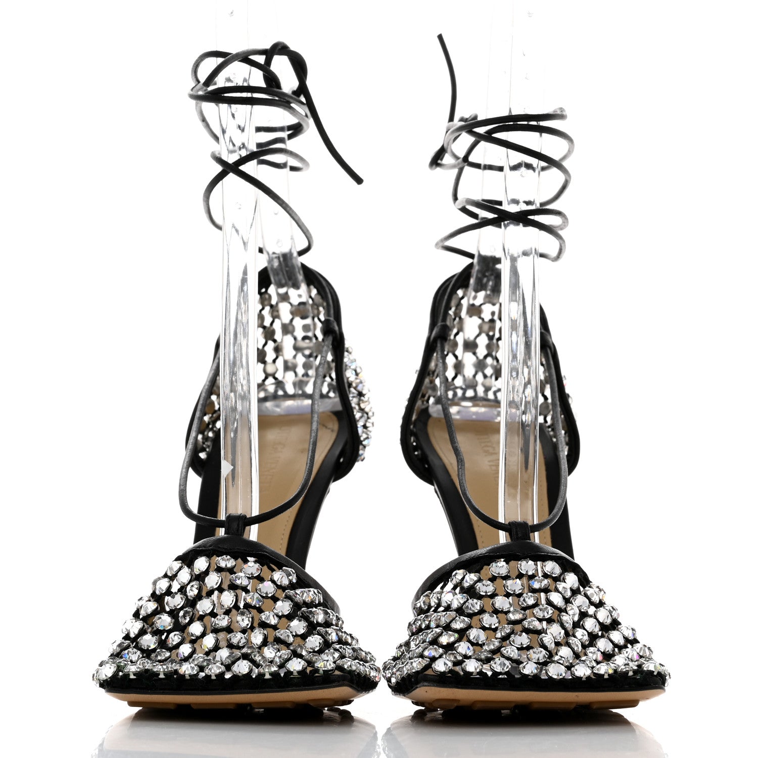 Bottega Veneta Mesh Nappa Crystal Embellished Sparkle Stretch Ankle Tie Sandals 39.5 Black 2 of 7