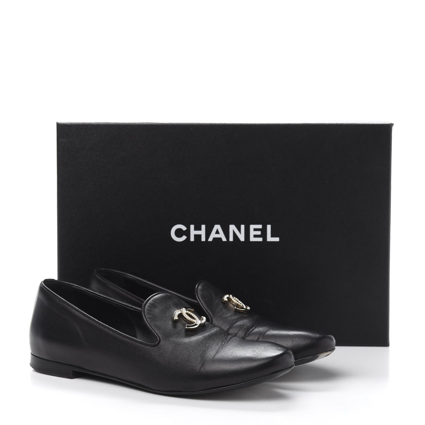 Enamel Pearl Crystal Lambskin Womens CC Mocassin Loafers 36.5 Black
