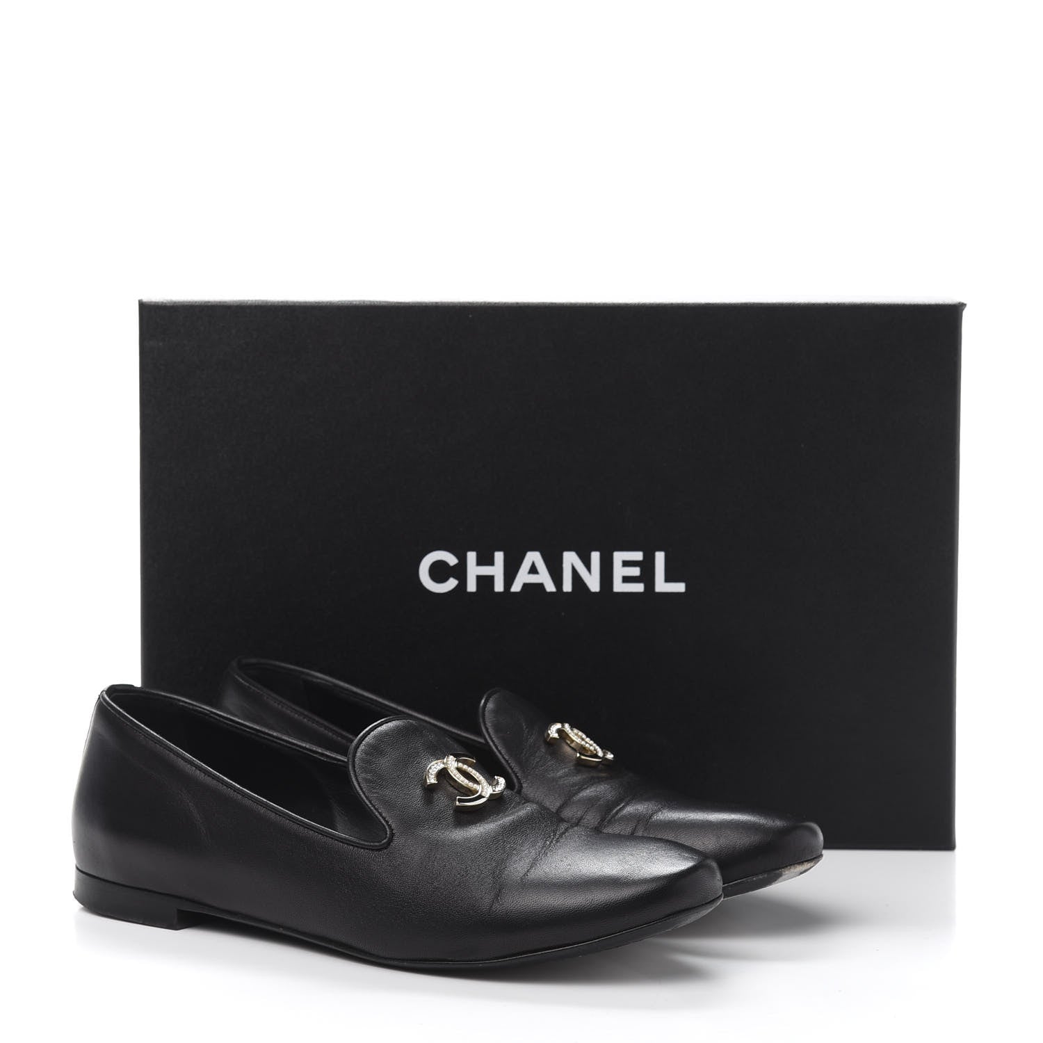 Chanel Enamel Pearl Crystal Lambskin Womens CC Mocassin Loafers 36.5 Black 10 of 10