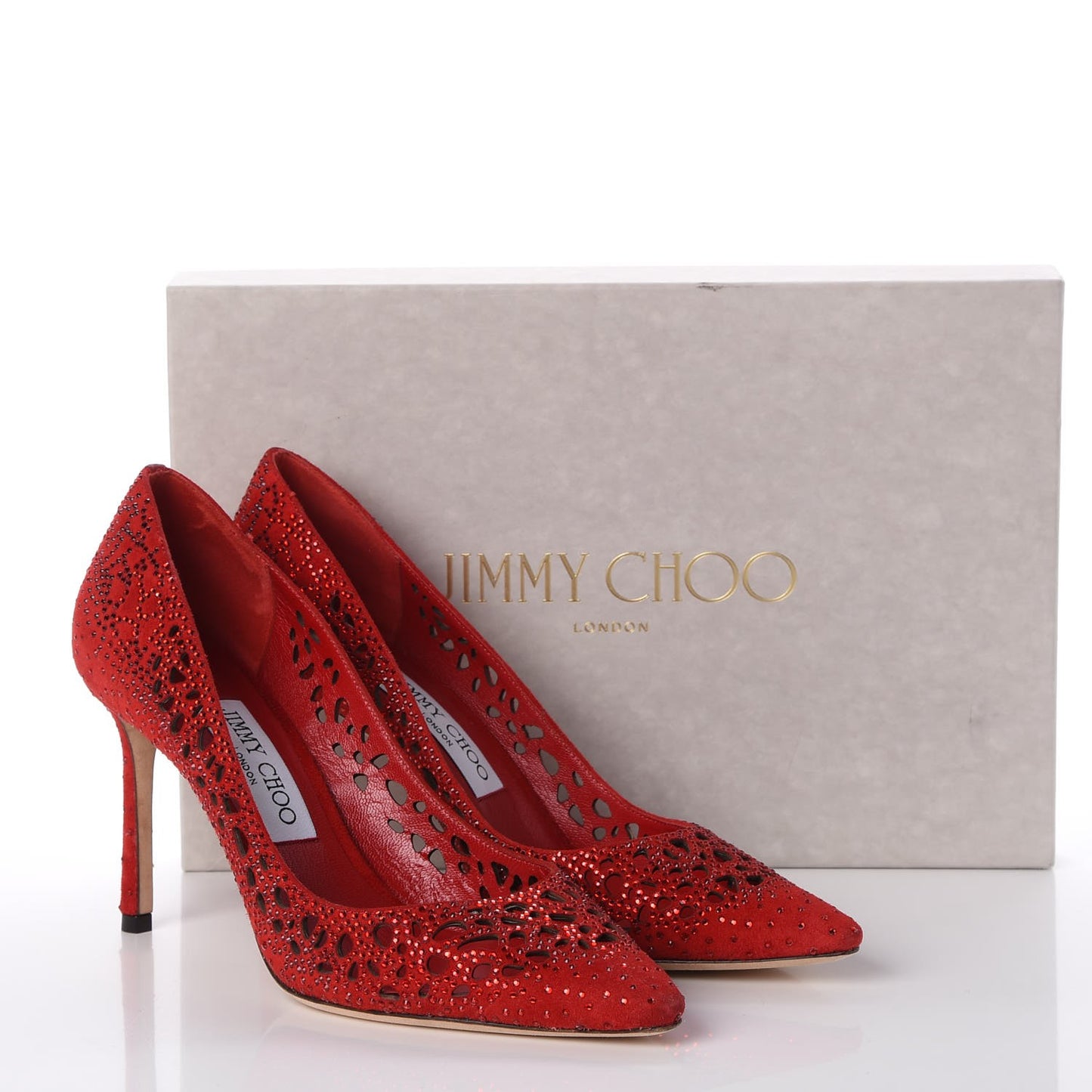 Suede Crystal Perforated Romy 100 Pumps 38 Red