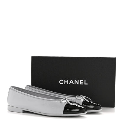 Chanel Shiny Crumpled Calfskin Patent CC Cap Toe Ballerina Flats 41 Grey Black 10 of 10
