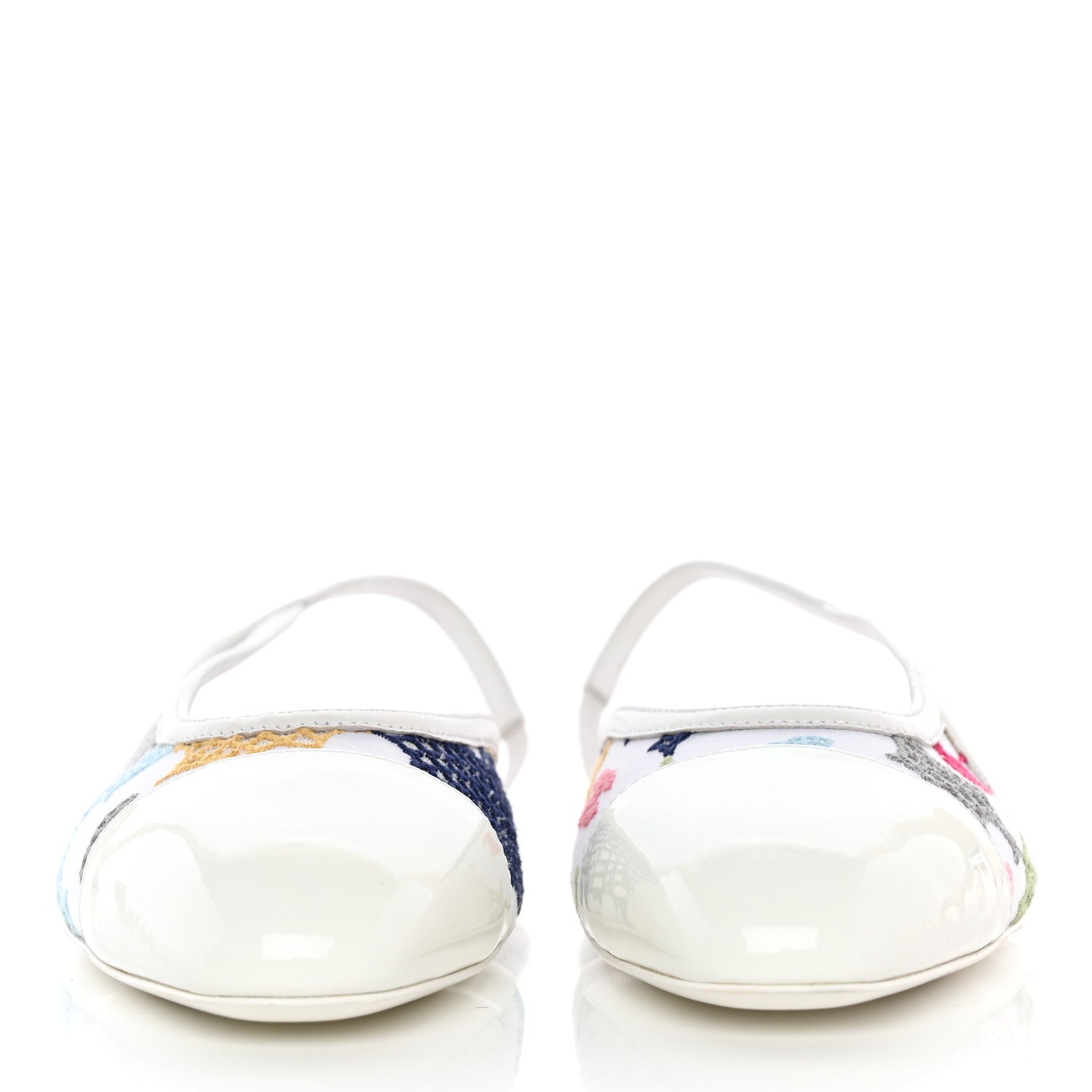 Chanel Patent Cap Toe Fabric Floral Mesh CC Slingback Flats