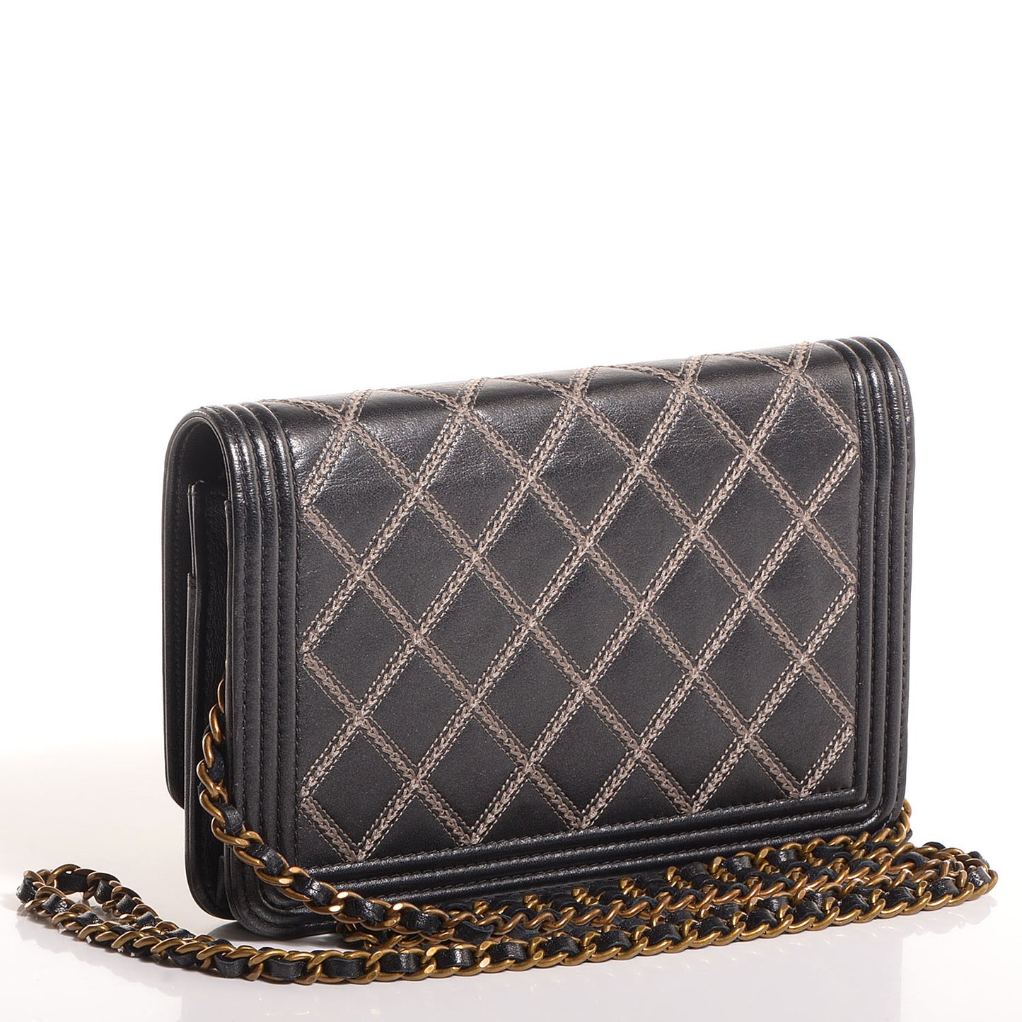 Calfskin Double Stitch Boy Wallet On Chain WOC Grey