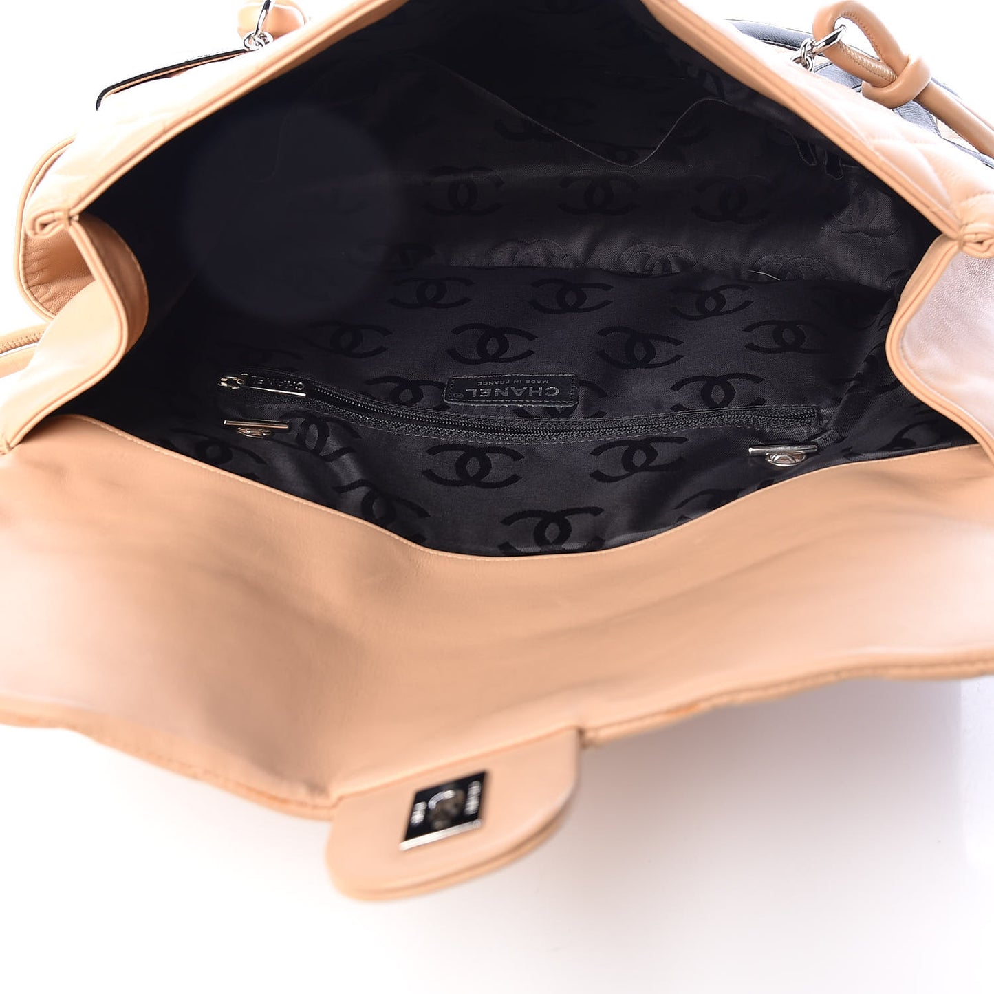 Calfskin Quilted Large Cambon Flap Beige Black