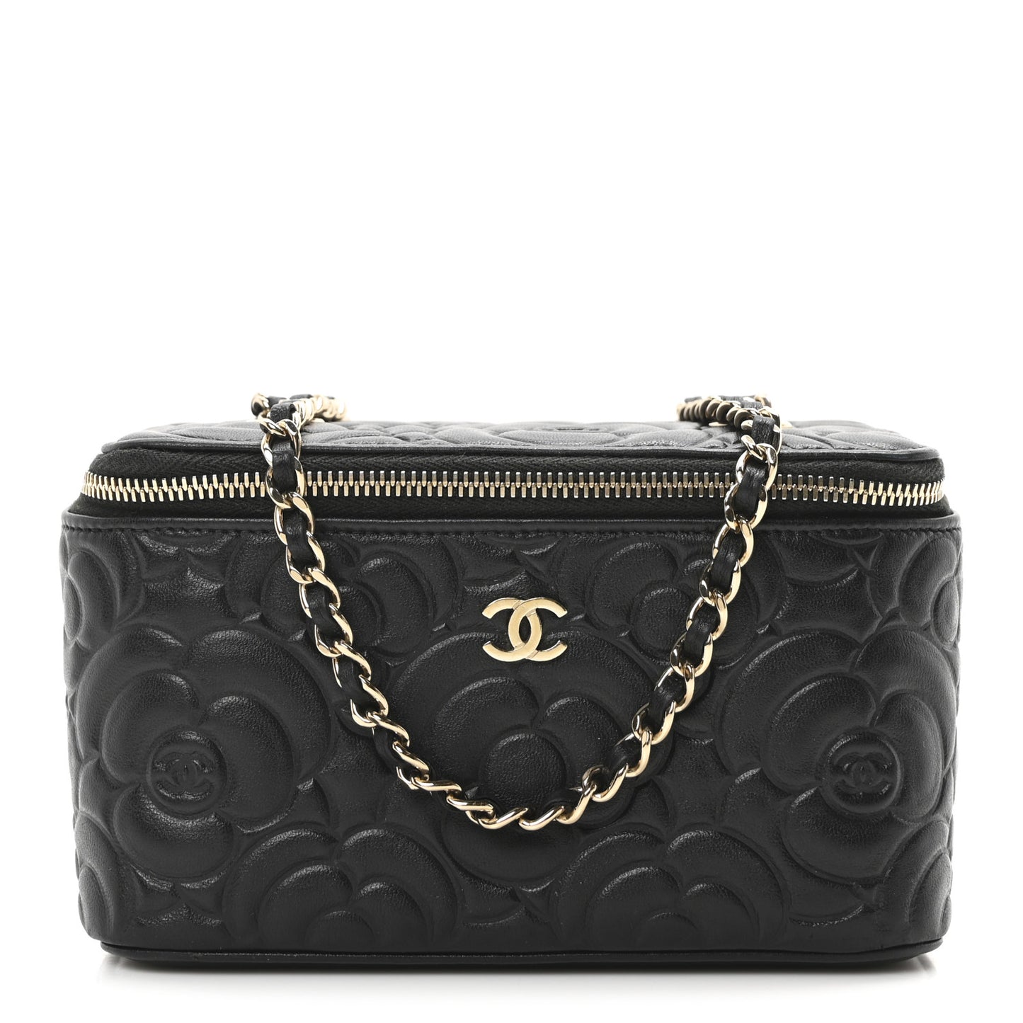 Lambskin Camellia Embossed Small Vanity Case With Chain Black