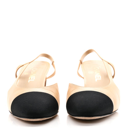 Chanel Goatskin Grosgrain Cap Toe CC Slingback Pumps 40 Beige Black 3 of 10