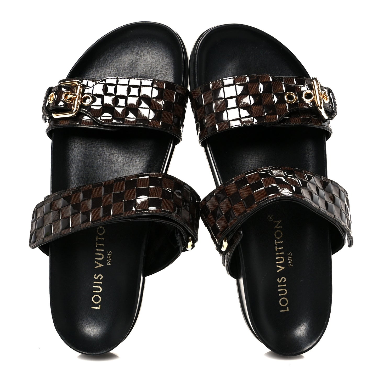 Damier Patent Calfskin Bom Dia Flat Sandals 38.5 Ebene