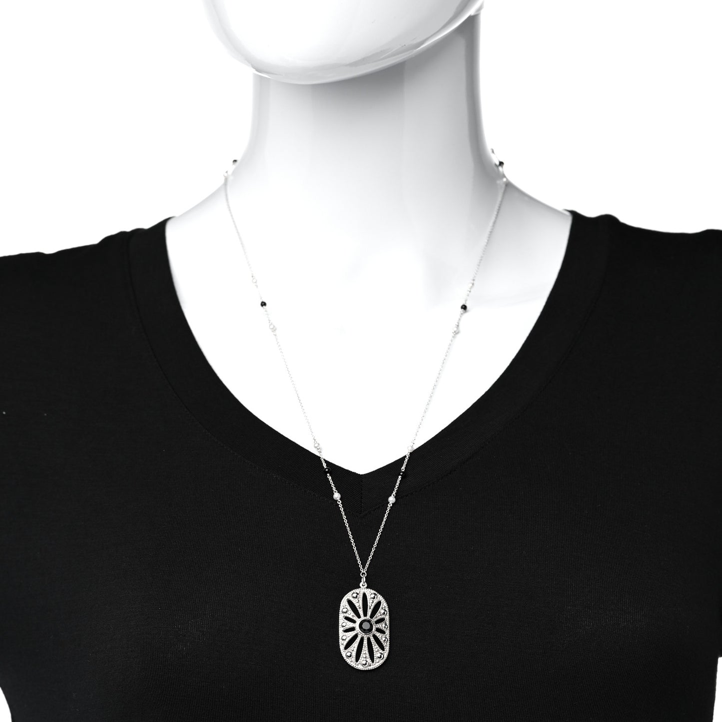 Sterling Silver Black Onyx Pearl Ziegfeld Daisy Pendant Necklace