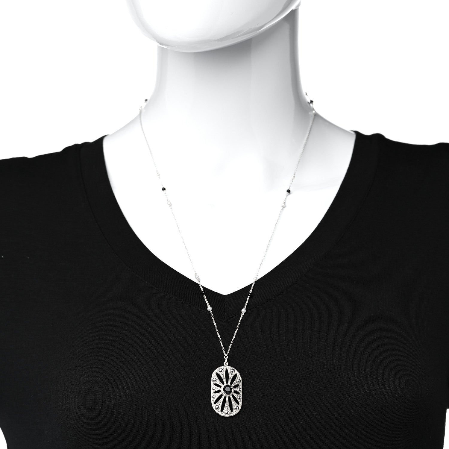 Tiffany Sterling Silver Black Onyx Pearl Ziegfeld Daisy Pendant Necklace 2 of 6