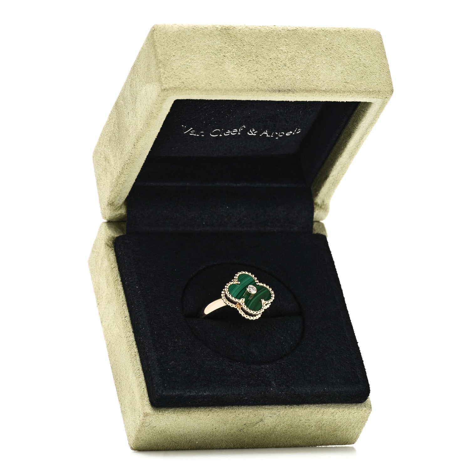 Van Cleef & Arpels 18K Yellow Gold Diamond Malachite Vintage Alhambra Ring 55 7.25 5 of 5