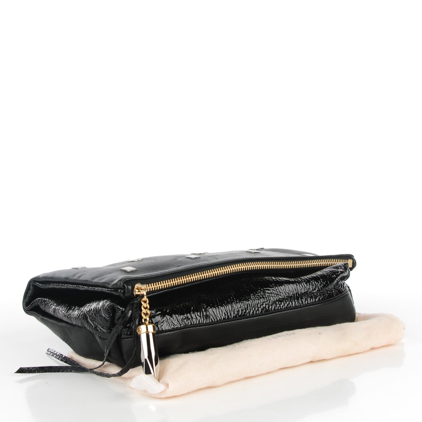 Lambskin Studded Patent Foldover Clutch Black