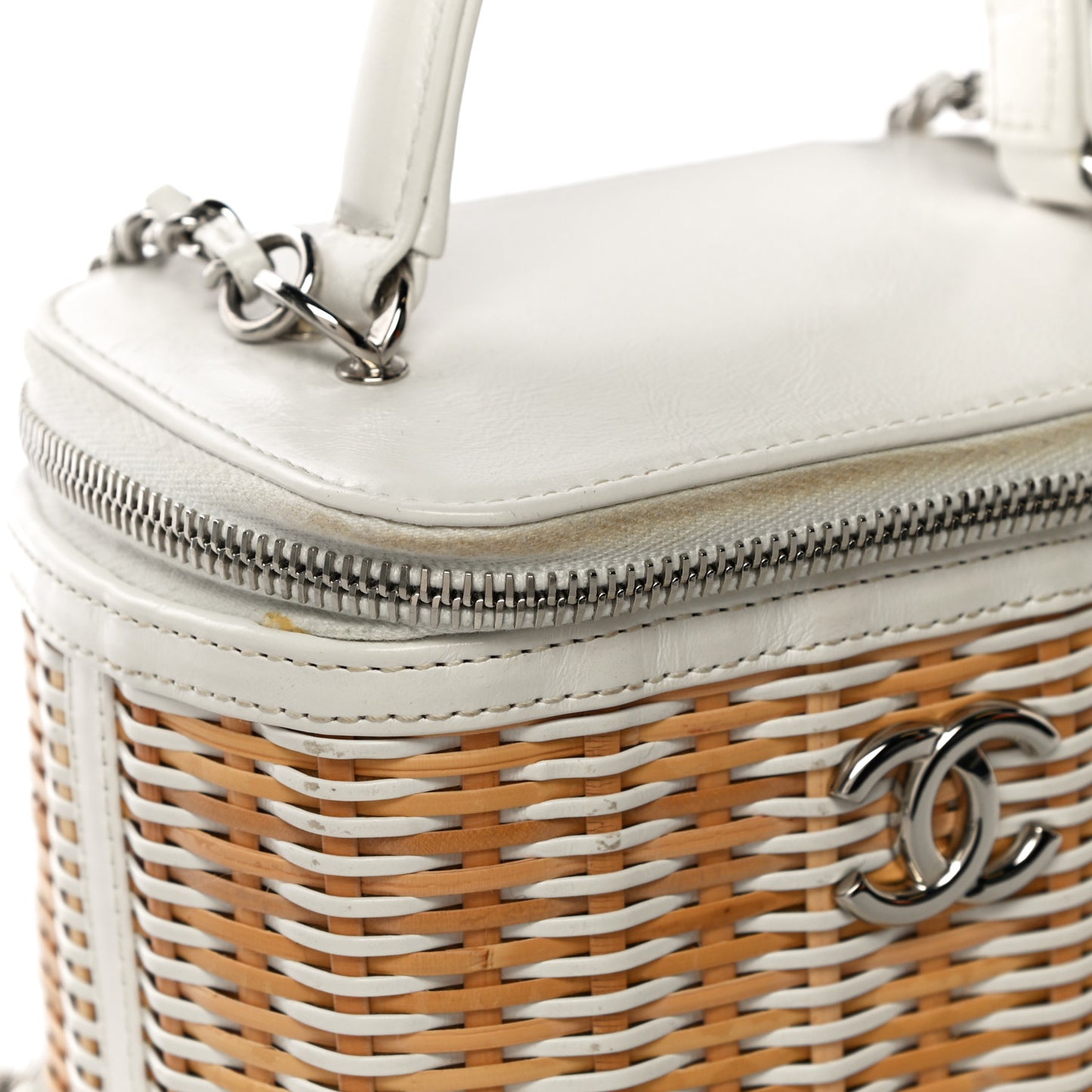Calfskin Raffia Small Vanity Case Bag White Beige