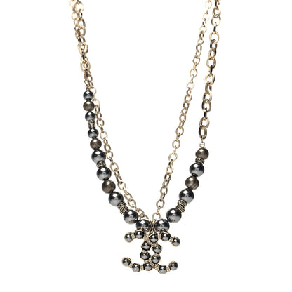Chanel Crystal Pearl Nefertiti CC Double Chain Pendant Necklace Gold Dark Grey 1 of 5