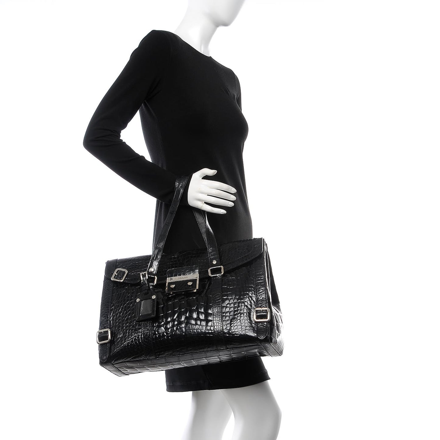 Calfskin Crocodile Embossed Press Lock Satchel Nero Black