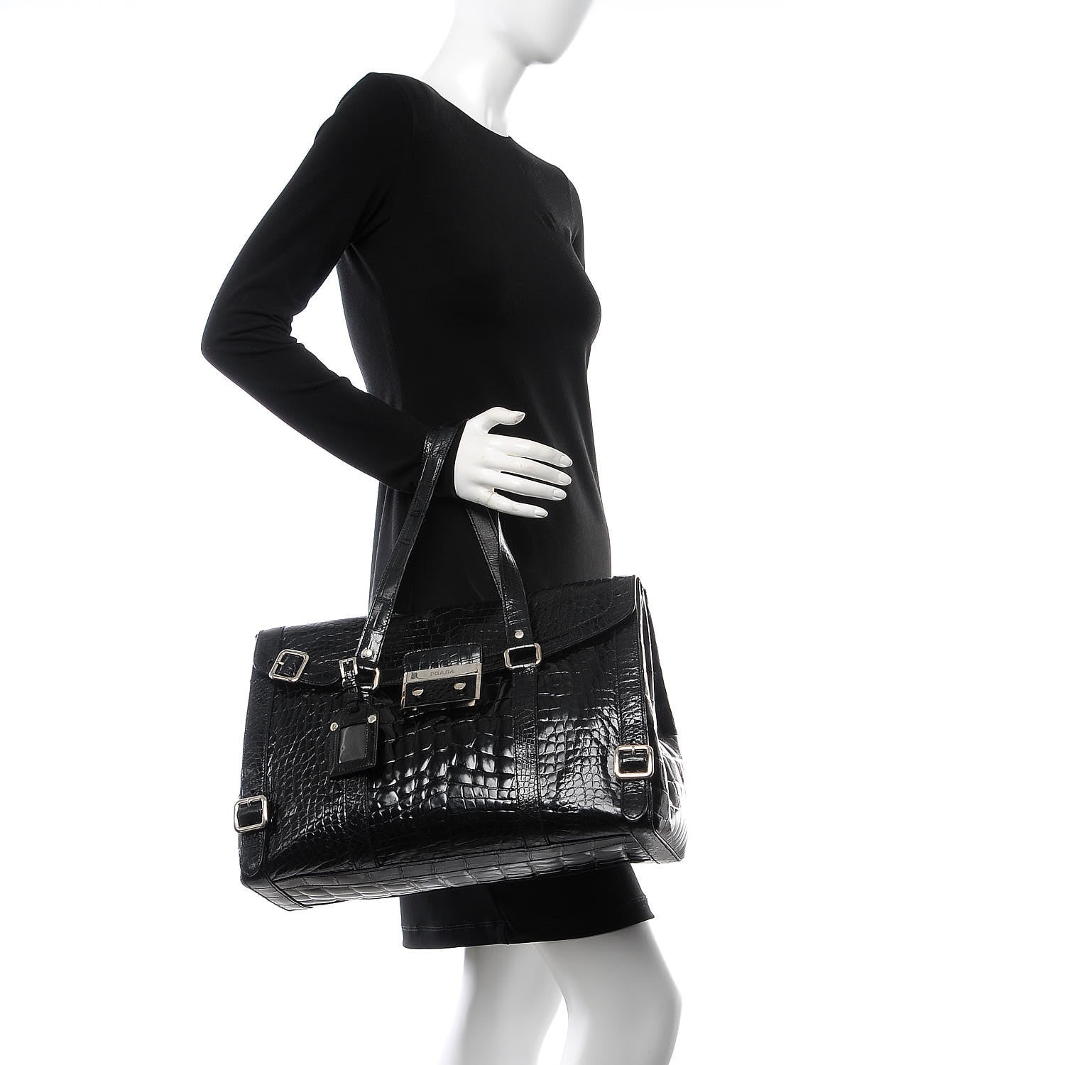 Prada Calfskin Crocodile Embossed Press Lock Satchel Nero Black 2 of 10