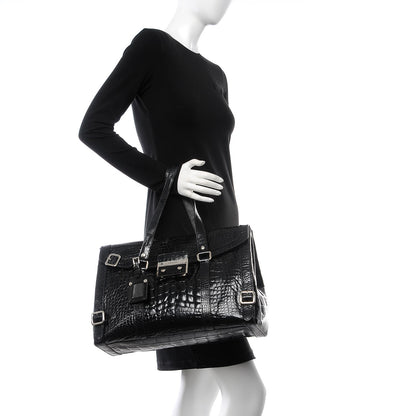 Prada Calfskin Crocodile Embossed Press Lock Satchel Nero Black 2 of 10