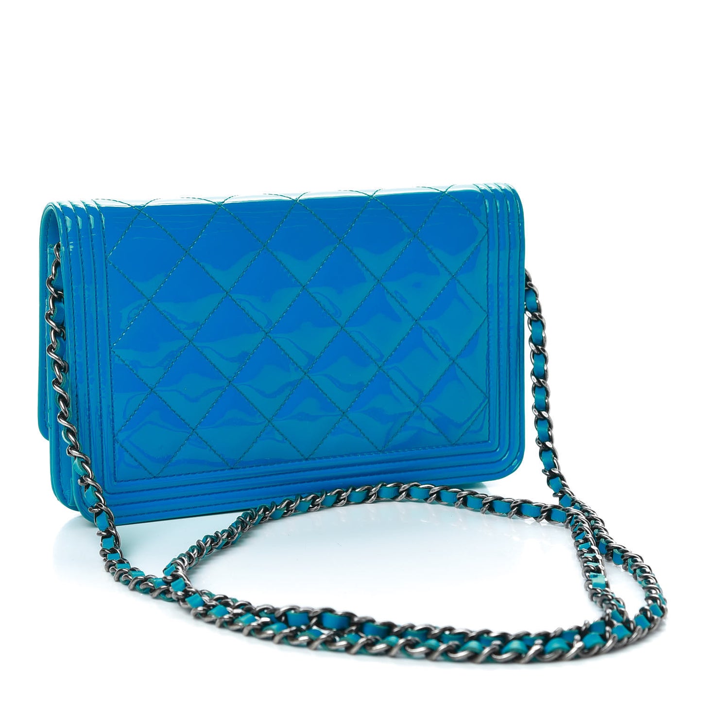 Patent Calfskin Quilted Boy Wallet On Chain WOC Blue