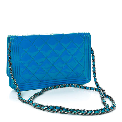 Chanel Patent Calfskin Quilted Boy Wallet On Chain WOC Blue 3 of 12