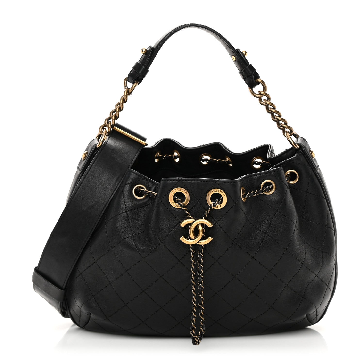 Chanel Calfskin Stitched Small Paris Rome Drawstring CC Bag Black 1 of 19