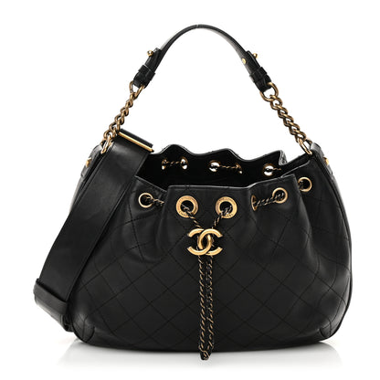 Chanel Calfskin Stitched Small Paris Rome Drawstring CC Bag Black 1 of 19