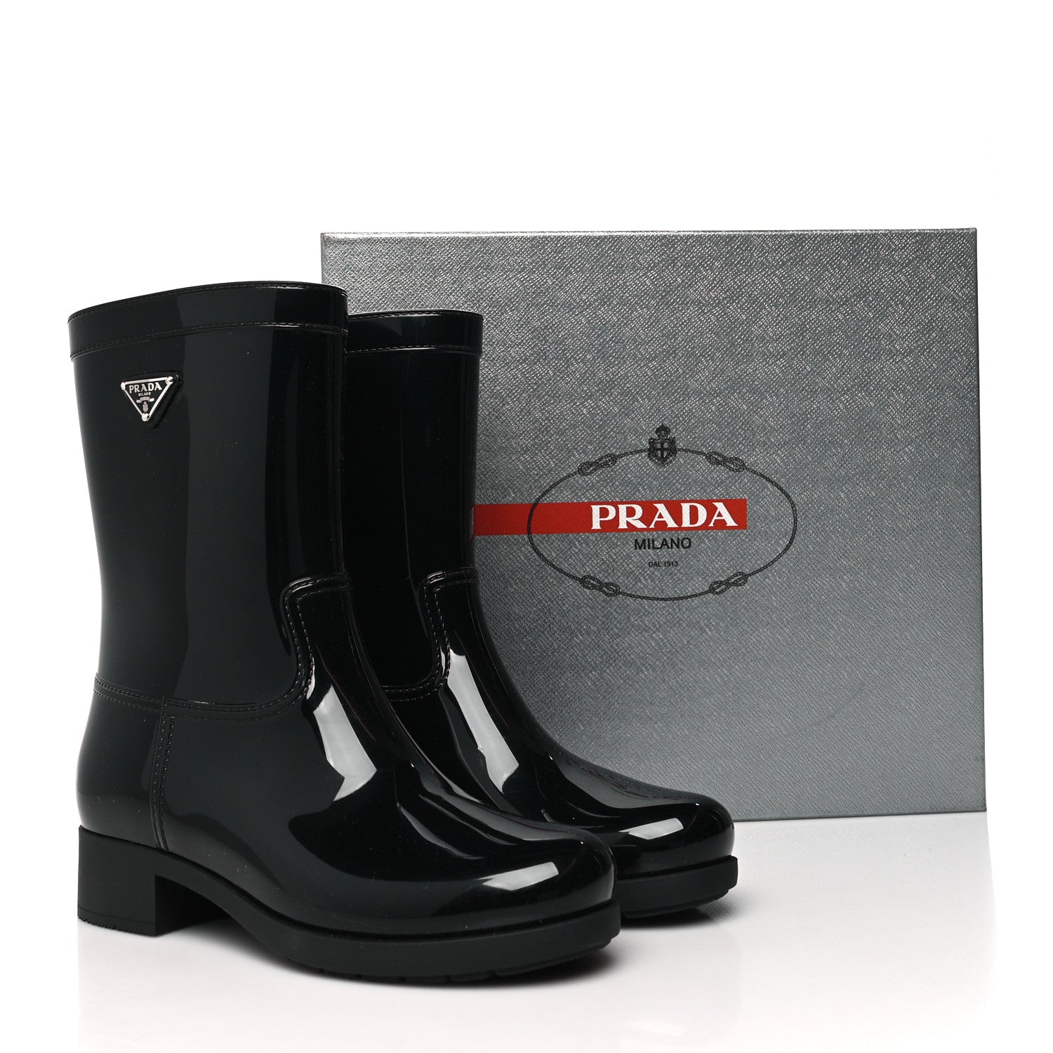 Prada Sport Rubber Metal Triangle Logo Ankle Rain Boots 39 Black 7 of 7