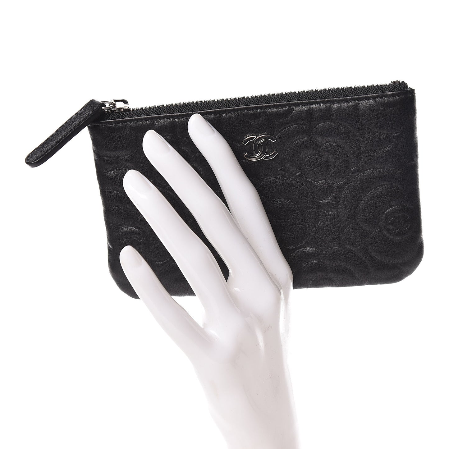 Goatskin Camellia Embossed Cosmetic Pouch Black