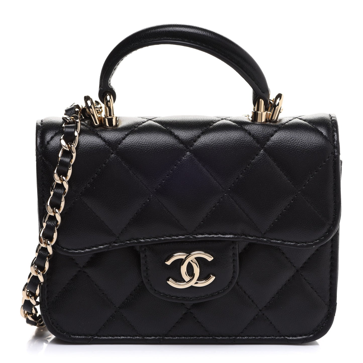 Lambskin Quilted Top Handle Flap Coin Purse With Chain Black