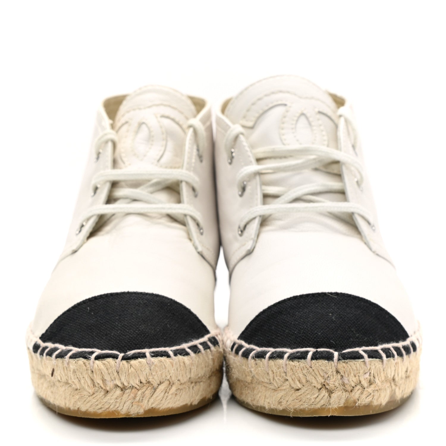 Chanel Lambskin Cap Toe Lace Up Espadrilles 37 White Black 2 of 12