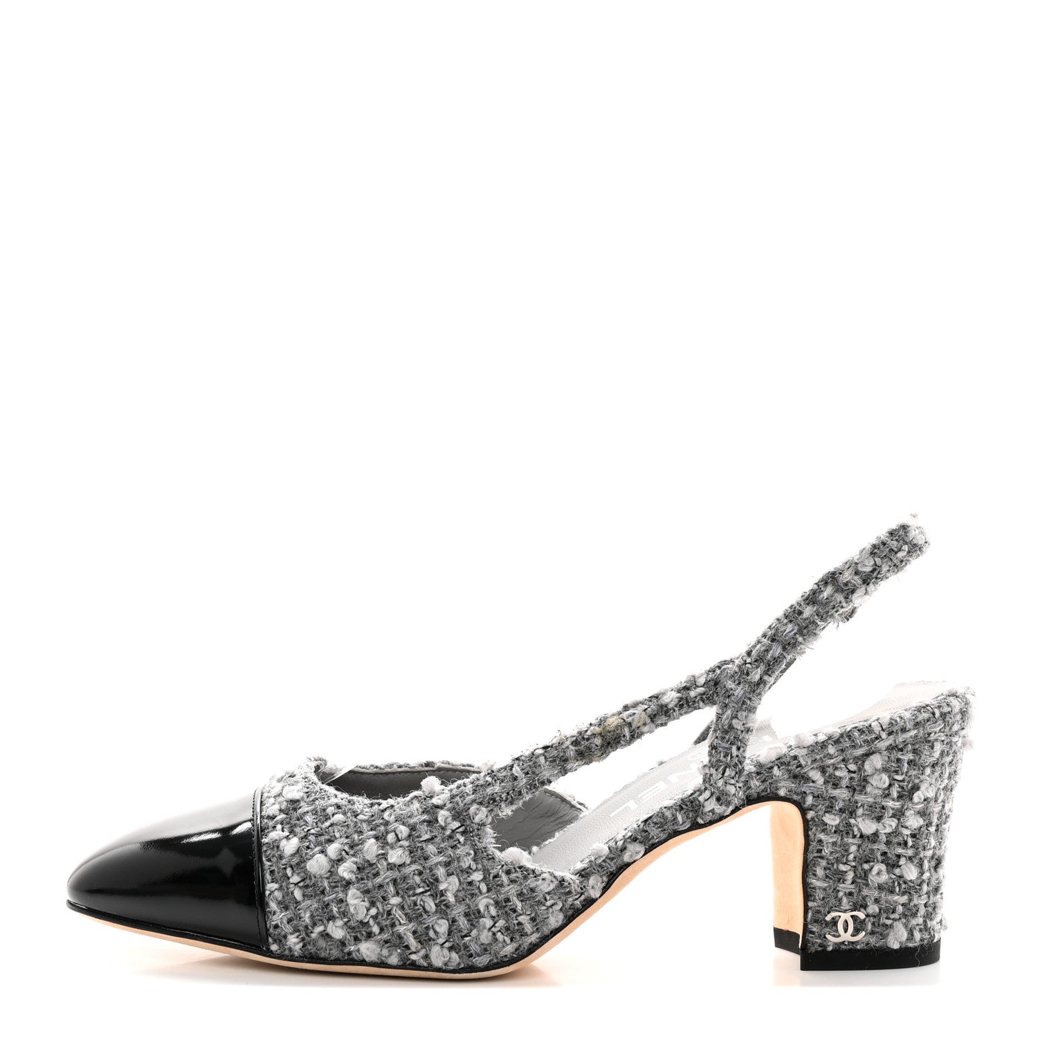 Chanel Tweed Patent Cap Toe CC Slingback Pumps 36.5 Gray 1 of 16