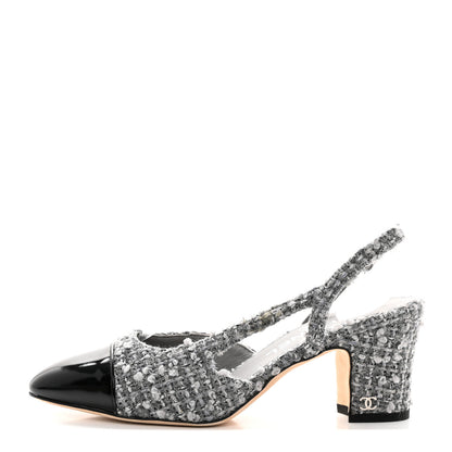 Chanel Tweed Patent Cap Toe CC Slingback Pumps 36.5 Gray 1 of 16