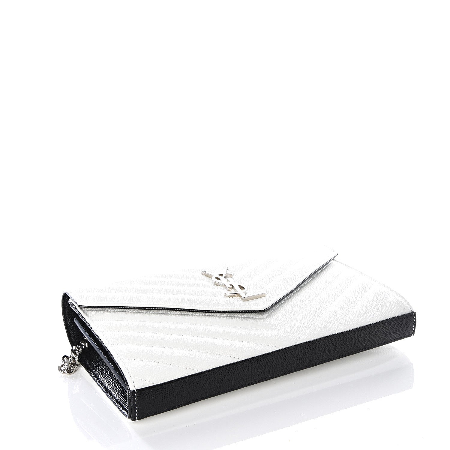 Saint Laurent Grain De Poudre Matelasse Bi-Color Chevron Monogram Chain Wallet White Black 3 of 9