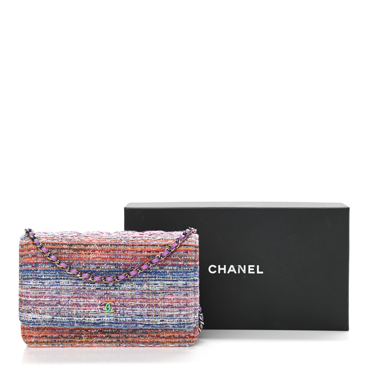 Chanel Tweed Iridescent Wallet On Chain WOC Blue Pink Orange Silver 13 of 13