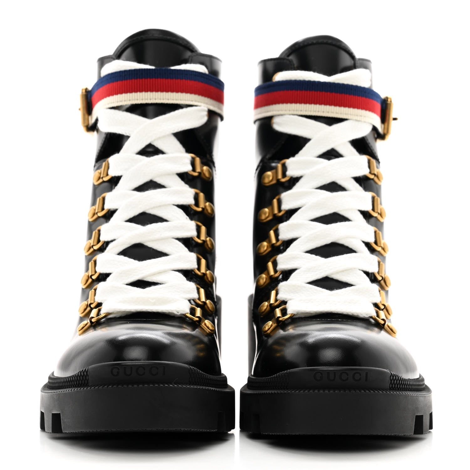 Gucci Calfskin Sylvie Web Womens Lace Up Combat Boots 37 Black 2 of 9