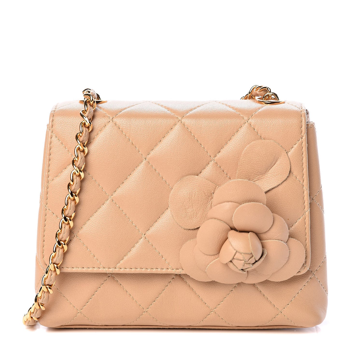 Lambskin Quilted Mini Camellia Flap Beige