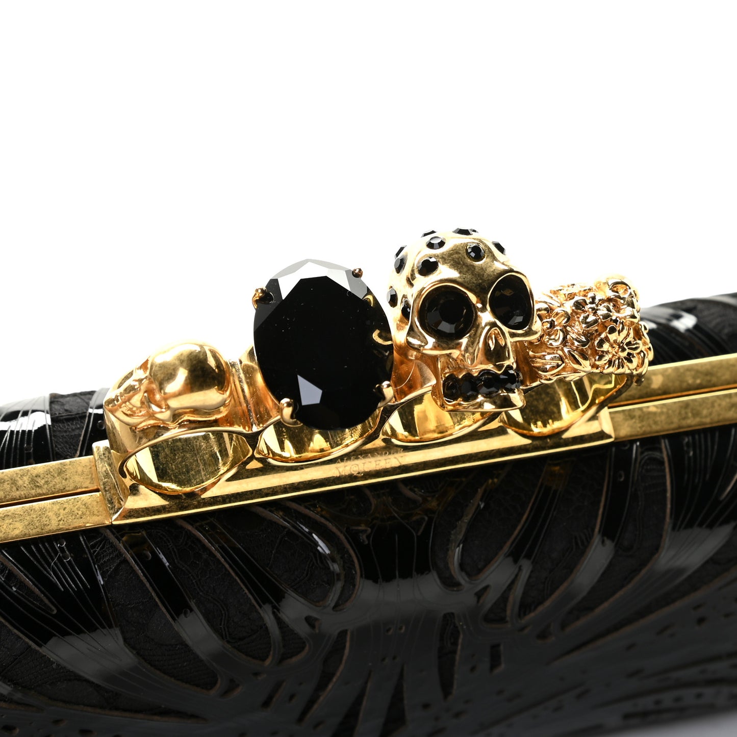 Satin Lace Patent Skull Knuckle Box Clutch Black