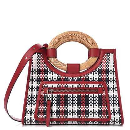 Fendi Vitello Century Wicker Tartan Plaid Woven Small Runaway Shopper Tote White Blue Fragola 1 of 7