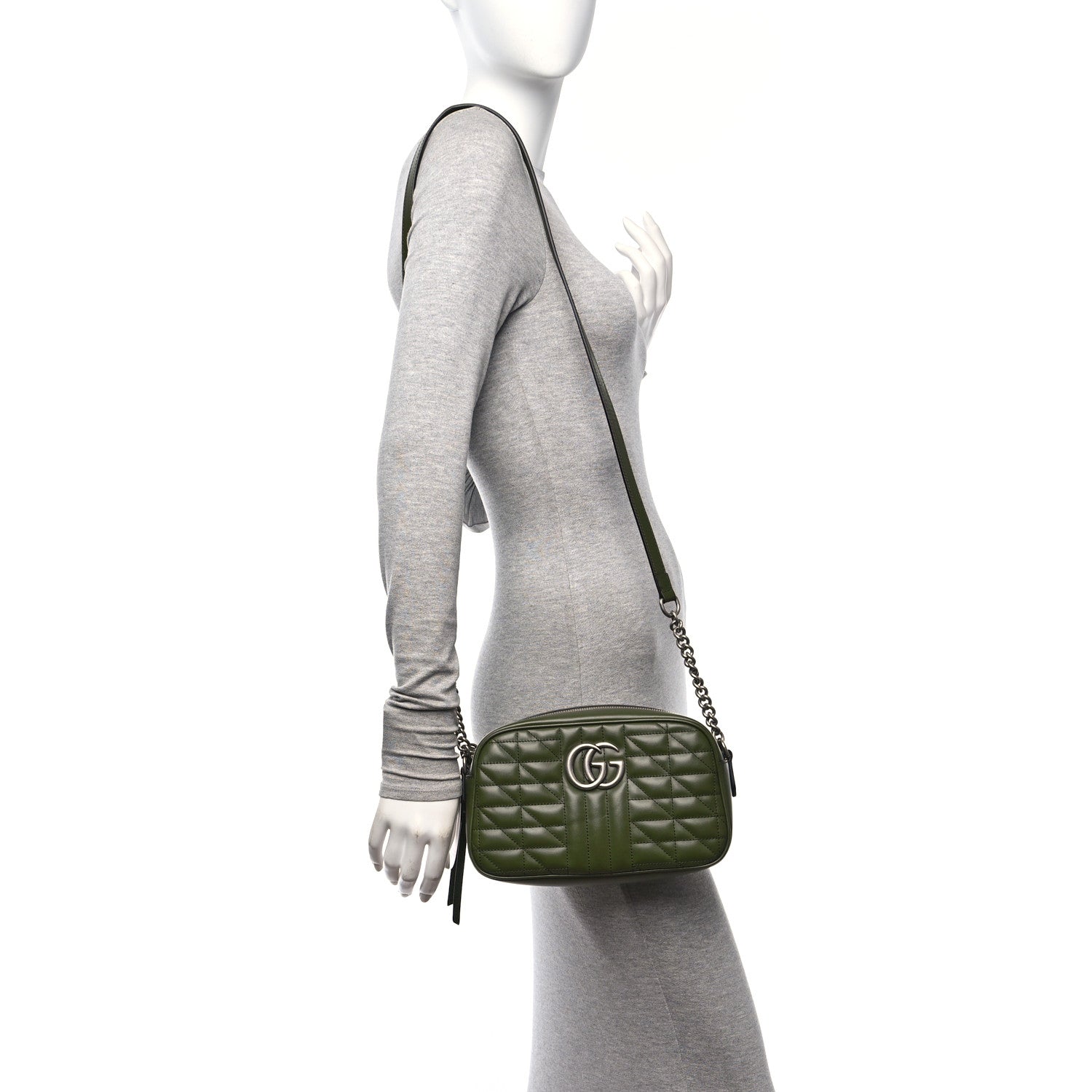 Gucci Calfskin Matelasse Aria Small GG Marmont Chain Shoulder Bag Military Wood 2 of 10