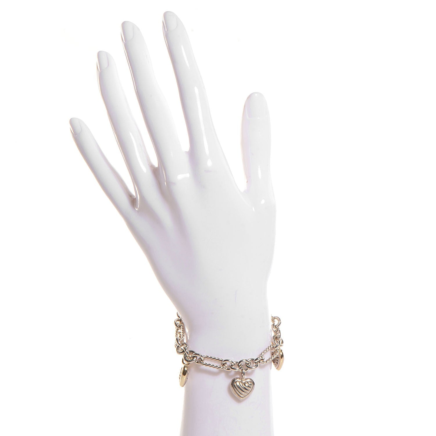 David Yurman Sterling Silver 18K Yellow Gold Cable Heart 5 Charm Bracelet 2 of 5