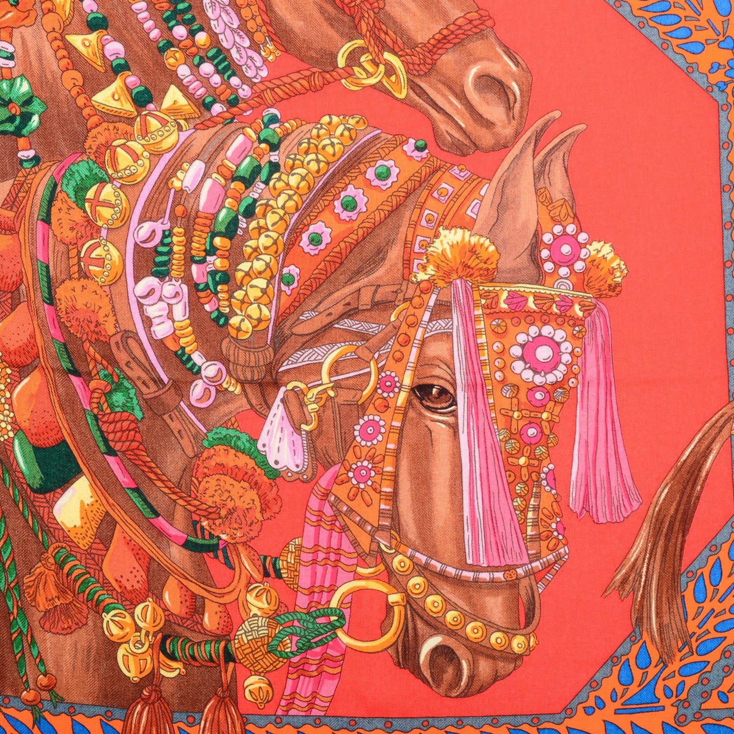 Hermes Cashmere Silk La Danse Du Cheval Marwari Shawl 140 Vermilion Marron Cobalt 1 of 6