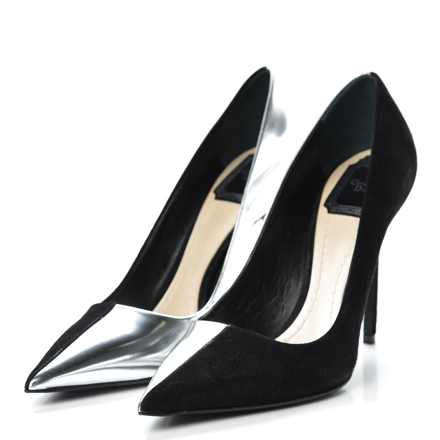 Christian Dior Mirror Finish Calfskin Suede Pumps 38 Black Silver 3 of 17