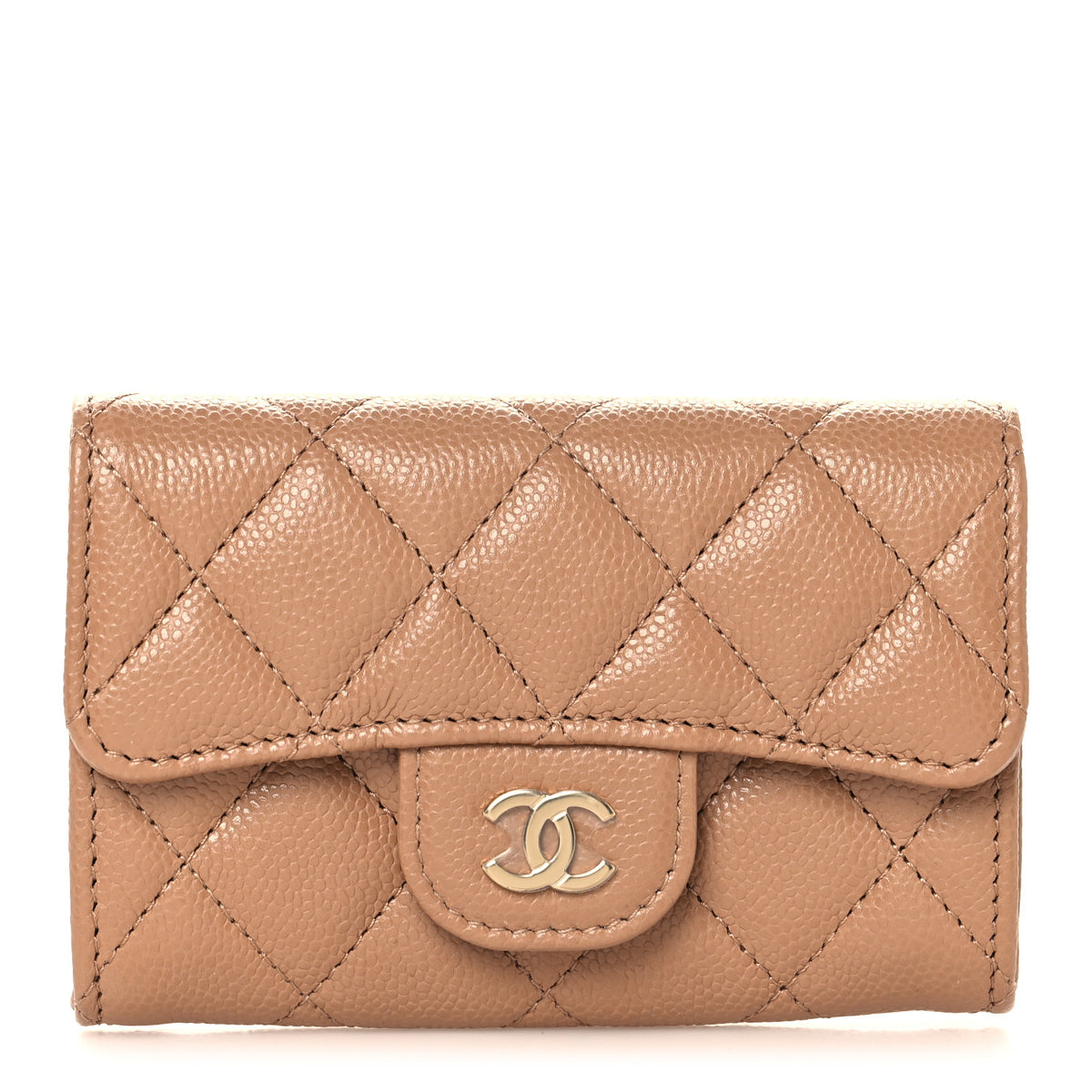 Caviar Quilted Flap Card Holder Wallet Dark Beige