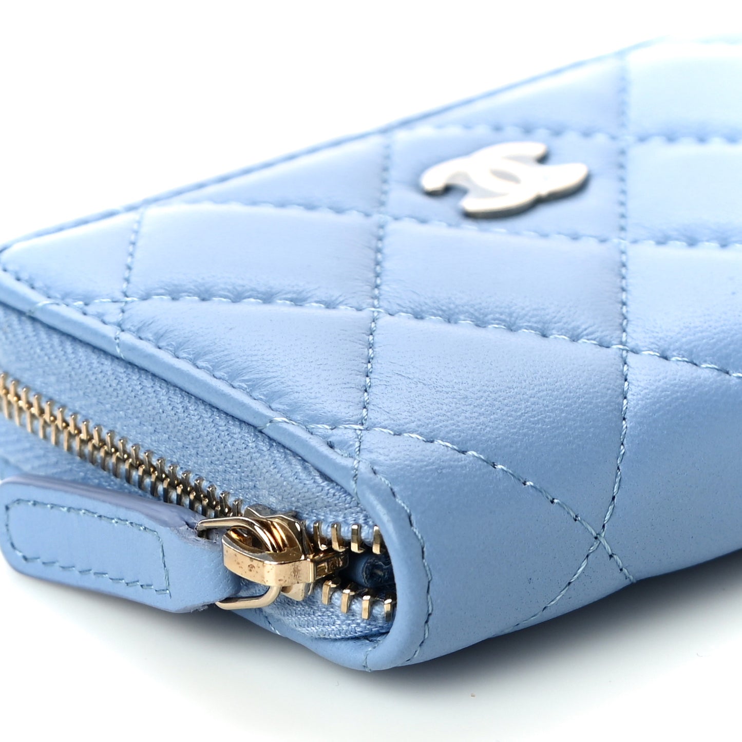 Lambskin Quilted Zip Around Coin Purse Wallet Light Blue