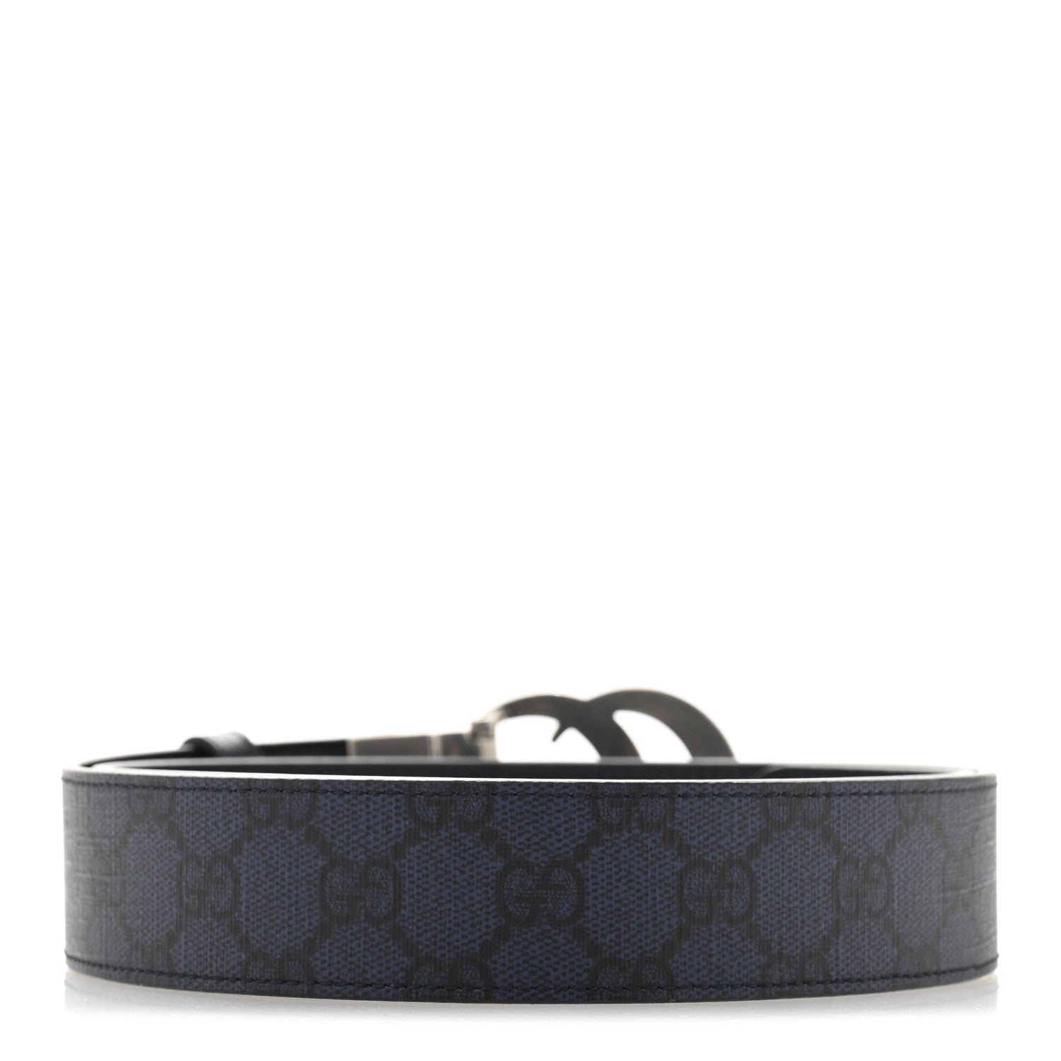 Gucci GG Supreme Monogram Plutone Calfskin Palladium Double G Reversible 37mm Belt 90 36 Black Blue 2 of 6