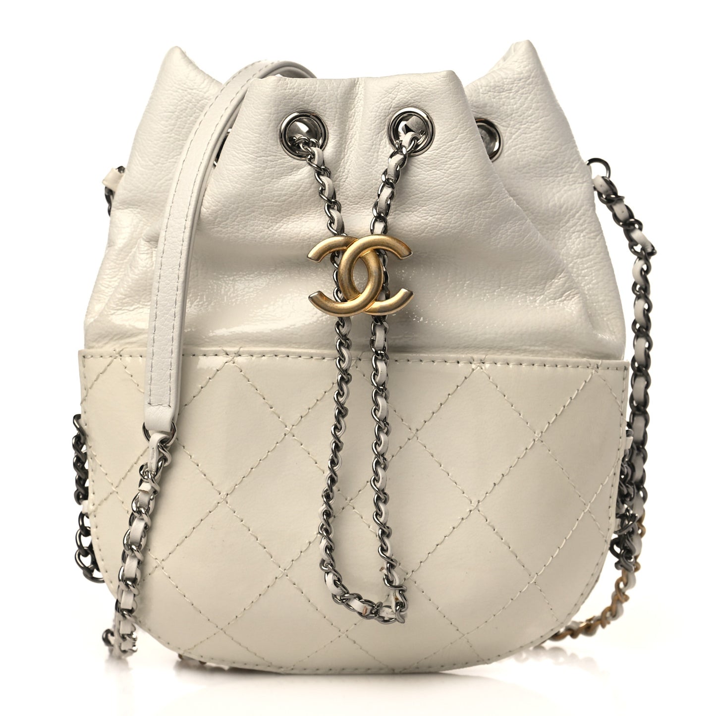 Patent Goatskin Quilted Small Gabrielle Bucket White