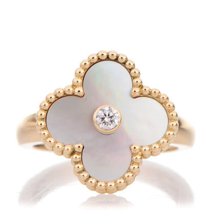 Van Cleef & Arpels 18K Yellow Gold Diamond Mother of Pearl Vintage Alhambra Ring 49 5 1 of 6