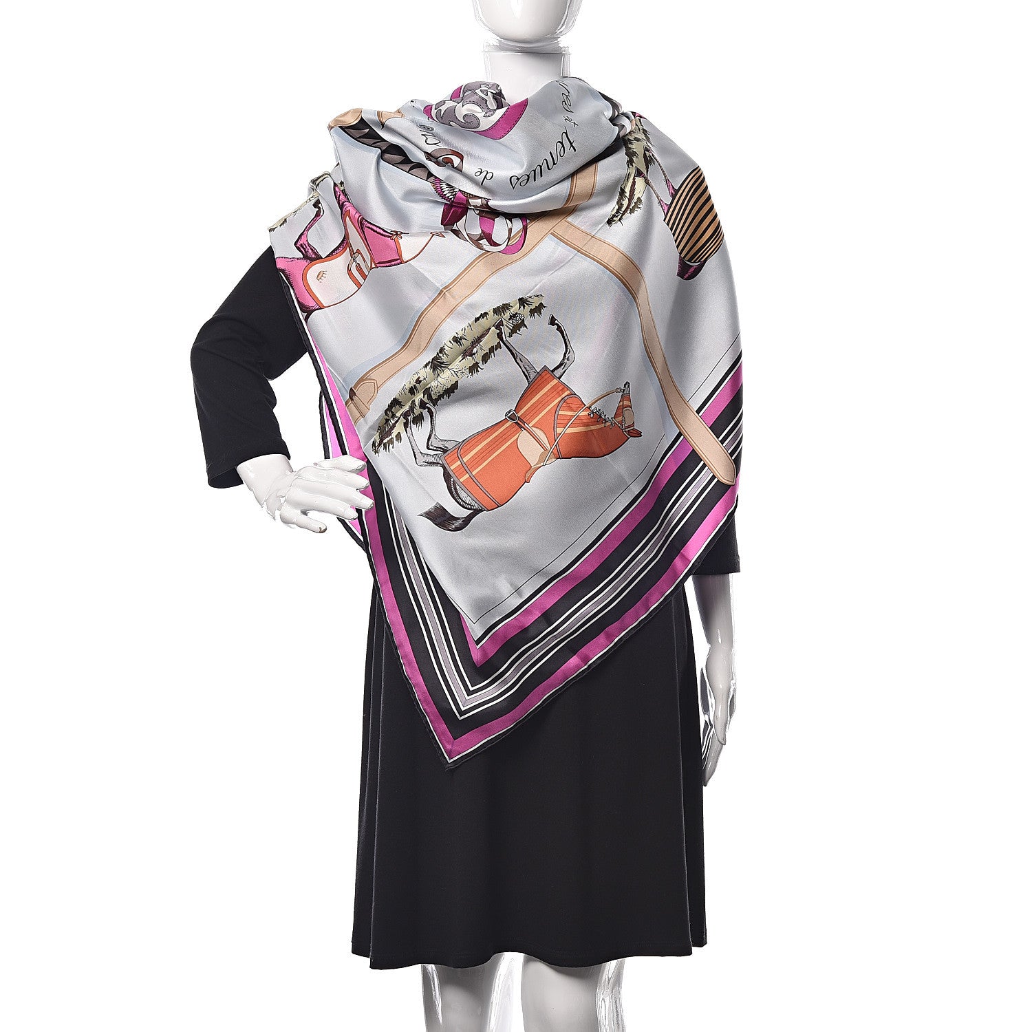 Hermes Silk Couvertures Et Tenues de Jour Scarf 140 Gris Perle Fuchsia Black 2 of 8